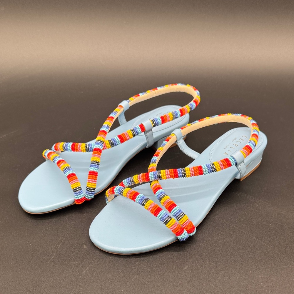 CECELIA NEW YORK Light Blue Sandal with Multicolor Beaded Straps